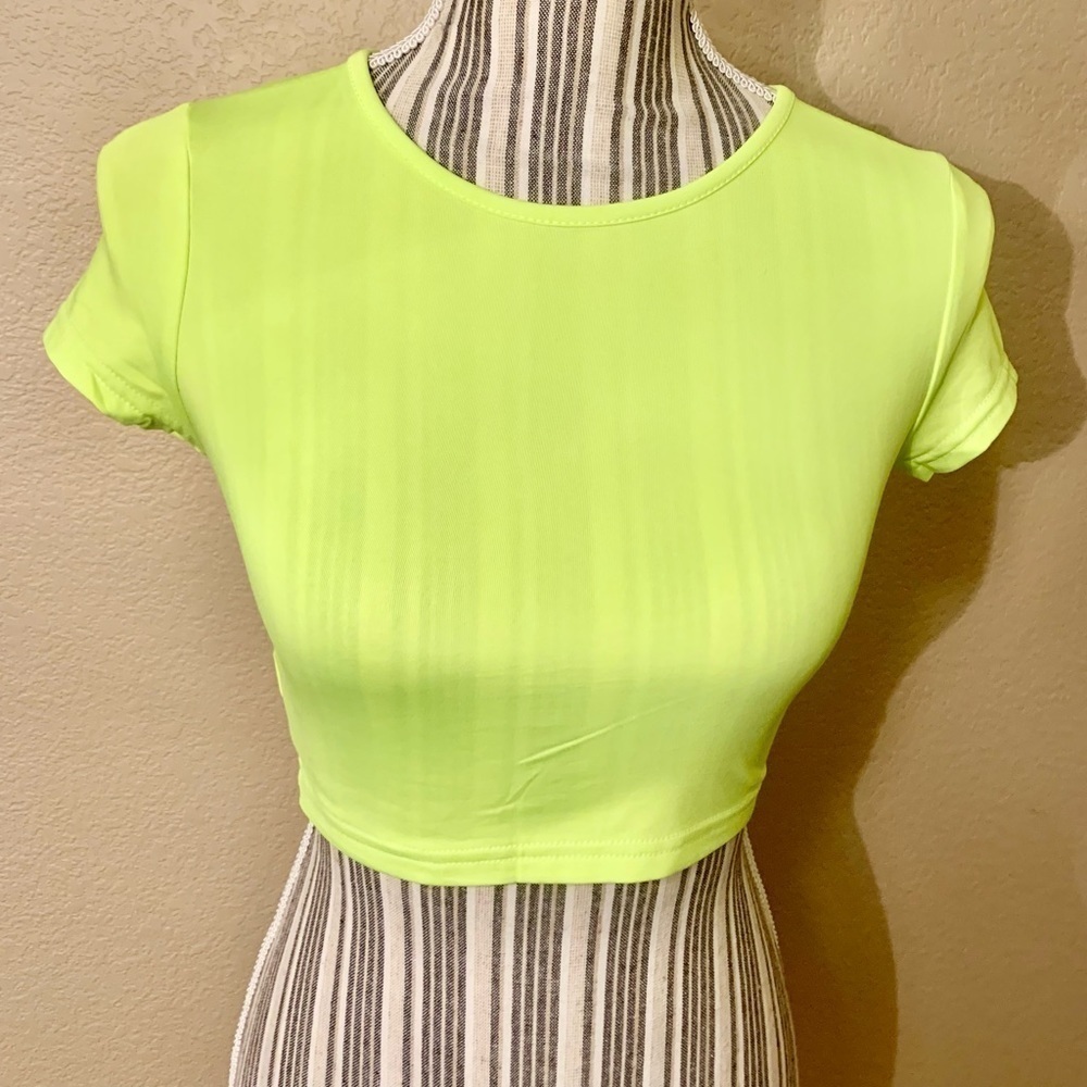 NEW 2-Pce Set Small Neon Yellow Bike Shorts & Short-Sleeve Top Back Zip Stretch - Picture 2 of 13